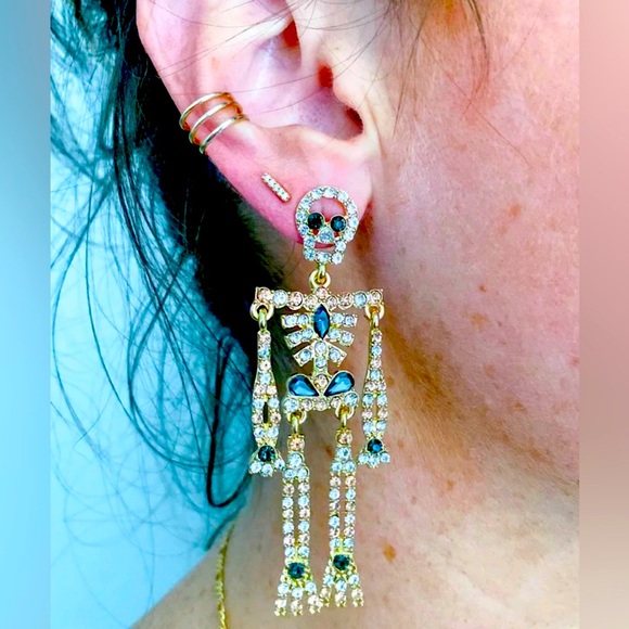 NIB MR. BONE-JANGLES JEWELED SKELETON DANGLING EARRINGS - Picture 3 of 6